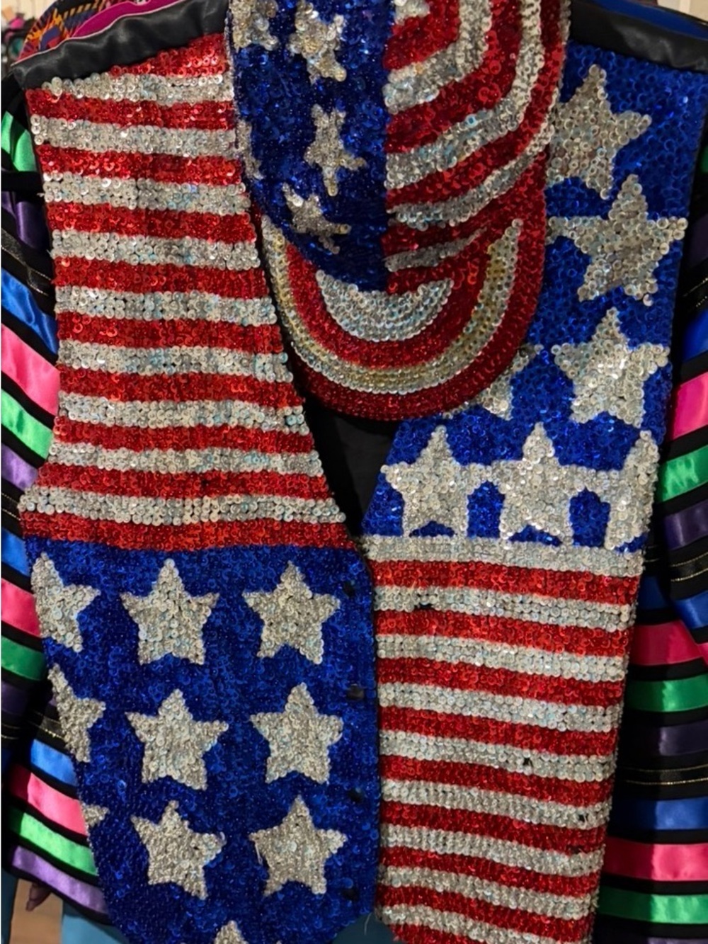 Sequin American Flag vest and cap - Red, White & Blue